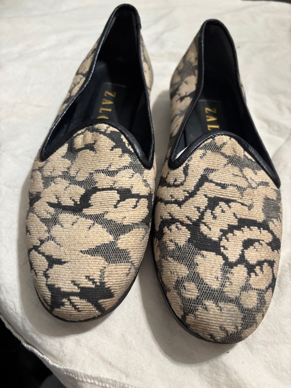 Zalo Beige and Black Patterned Slip-On Loafers